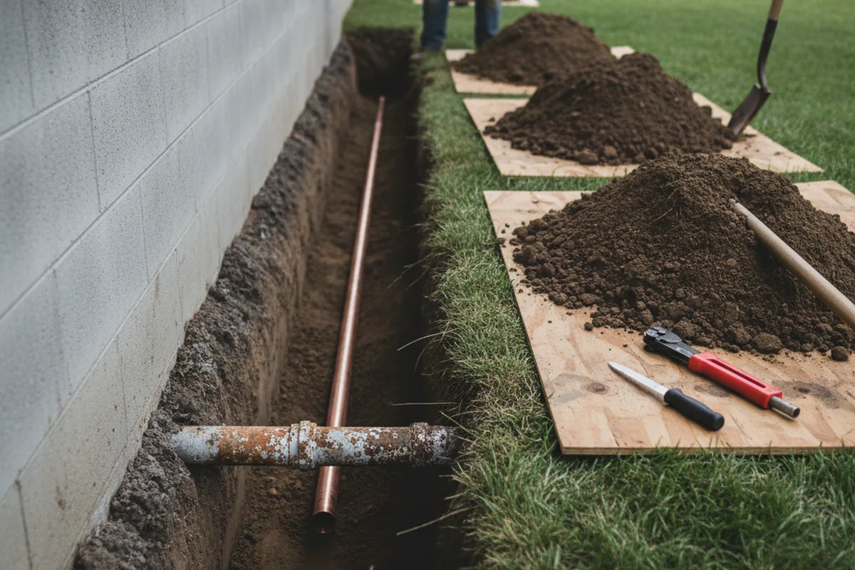 Excavated water line trench during Water Heater Repair in Hooksett